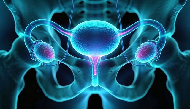 Neon Translucent Female Reproductive System with Pelvic Bones 3D Medical Illustration