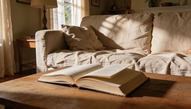 Sunlit cozy living room with open book on rustic wooden coffee table and beige linen sofa