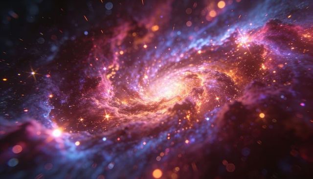 Swirling luminous spiral galaxy with golden core and violet nebula arms