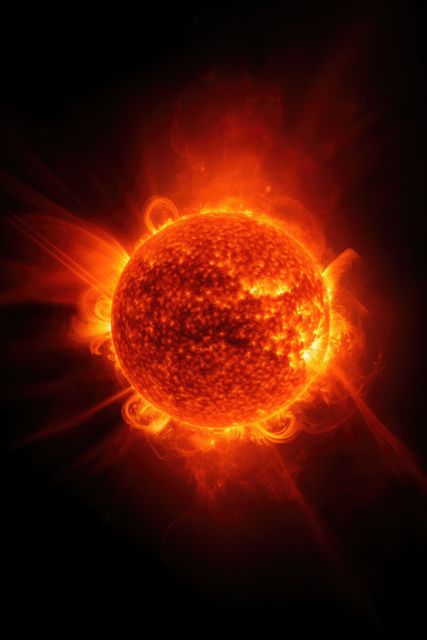 Detailed illustration showing sun with dramatic solar flares and coronal loops emanating from its surface. This fiery depiction of the sun captures intense heat and dynamic solar activity, stunning for educational purposes in astronomy and astrophysics. Perfect for use in science and space-themed projects, web articles, or educational materials.