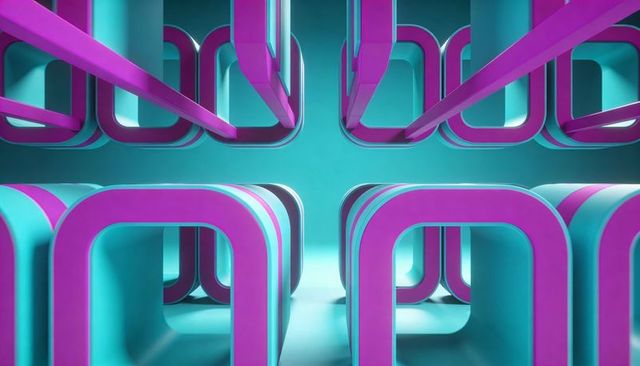 Showing futuristic cyan-magenta u-shaped arch grid with glossy floor and deep perspective