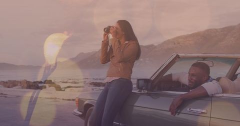 Romantic Couple Enjoying Coastal Road with Classic Car - Download Free Stock Images Pikwizard.com