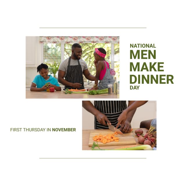 Celebrating National Men Make Dinner Day, this image features an African American father preparing a meal with his children in the kitchen. The father is seen chopping vegetables while engaging with his children. This image can be used for promoting family bonding activities, parenting, cultural traditions, culinary skills, and special observances in November.