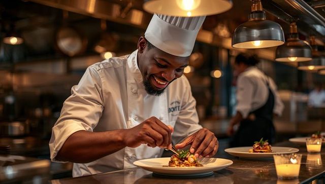 Smiling chef plating gourmet dish with tweezers in warm restaurant kitchen