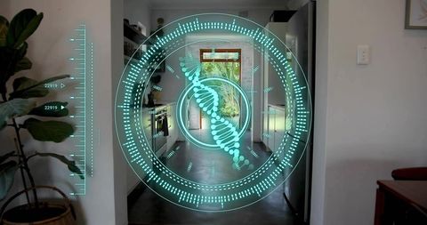 Holographic dna hud hovering over modern kitchen corridor with refrigerator and indoor plant