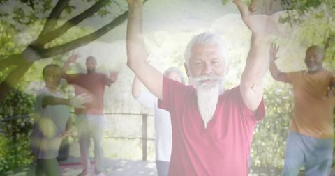 Multicultural Seniors Enjoying Yoga Session in Tranquil Garden