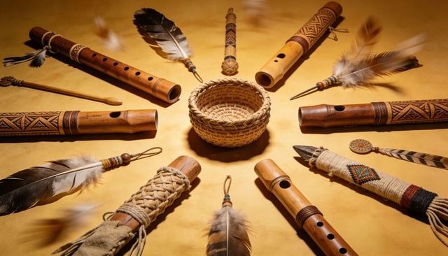 Handcrafted wooden flutes and feathers arranged around woven basket on tan leather surface