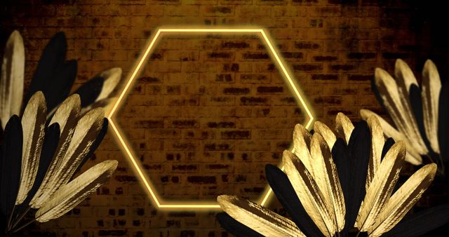 Neon Hexagon with Copy Space and Gold Leaves on Brick Background - Download Free Stock Images Pikwizard.com