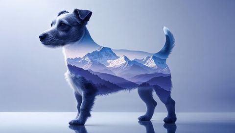 Terrier Silhouette with Mountain Peaks Double Exposure