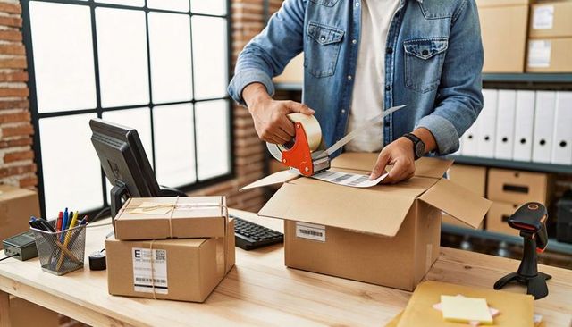 Male packer sealing and labeling e-commerce orders in warehouse office with barcode scanner