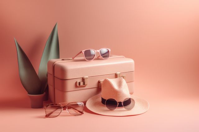 Sunglasses, hat, suitcase and plant on peach background, created using generative ai technology. Travel, adventure, exploration and vacations, digitally generated image.