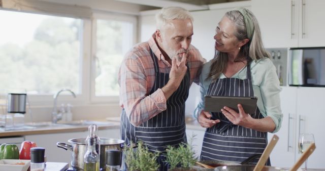 Senior Couple Cooking Together While Using Digital Tablet in Modern Kitchen - Download Free Stock Images Pikwizard.com