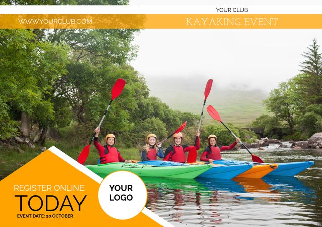 Image featuring a group of people kayaking on a tranquil river, ideal for promoting outdoor activities, group adventures, and team-building events. Perfect for outdoor clubs, adventure agencies, and recreational event advertisements.