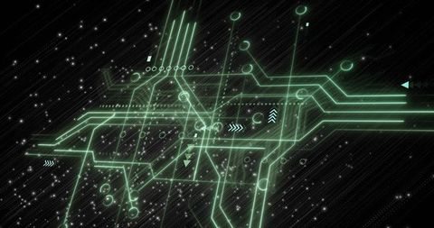 Pulsing neon-green circuit traces forming holographic network platform over starfield
