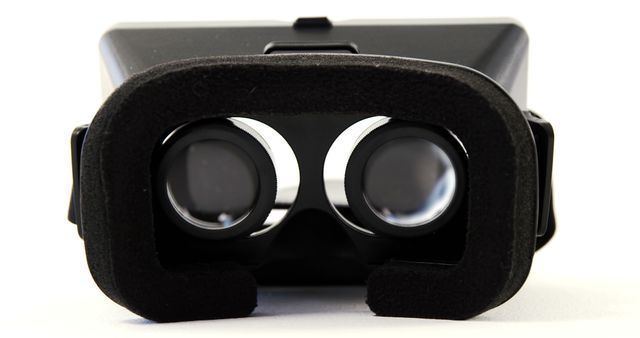 Image depicts close-up of virtual reality headset, showcasing the lenses. Ideal for use in technology blogs, articles discussing VR advancements, gaming industry publications, and marketing materials for electronics and VR devices.