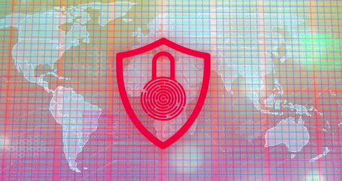 Digital Security Shield over Global Map with Holographic Touch