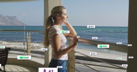 Woman by Seaside with Social Media Notifications Overlay