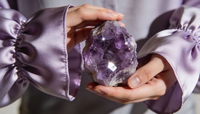 Hands cradling amethyst cluster with lavender satin sleeves sparkling
