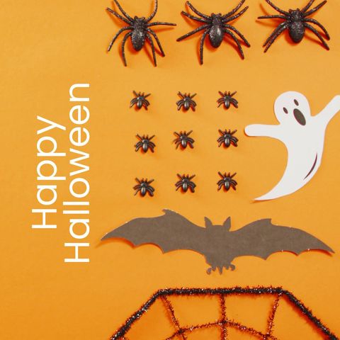 halloween decorations with spiders ghost bat on orange - Download Free Stock Templates Pikwizard.com