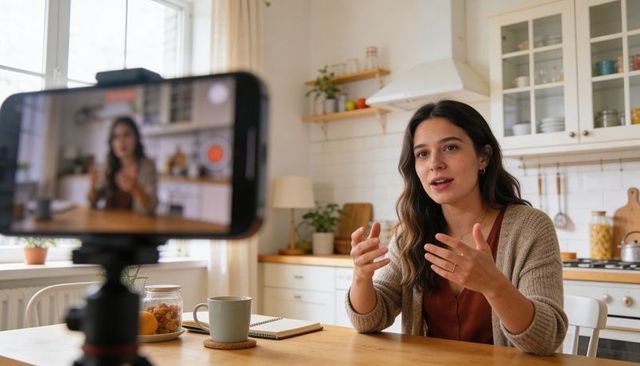 Lifestyle vlogger filming kitchen tutorial on smartphone tripod, speaking directly to camera
