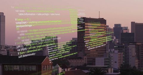 Code over city skyline at dusk illustrating urban digital innovation