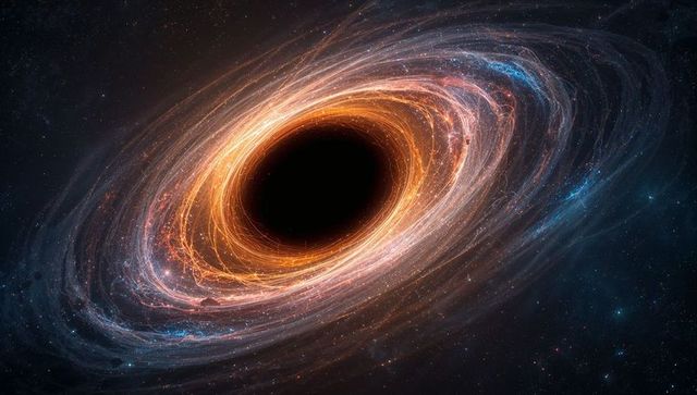 Hypnotic Black Hole with Swirling Plasma and Distant Stars in Deep Space
