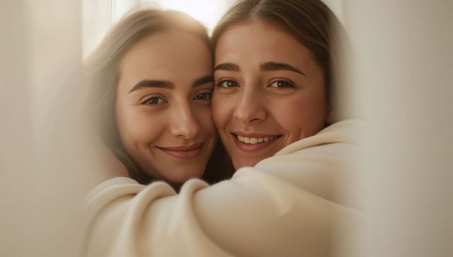 Two women sharing tender embrace near sunlit window, cozy blanket, intimate portrait