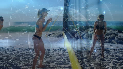Digital Data Overlay on Beach Volleyball Game at Sunrise