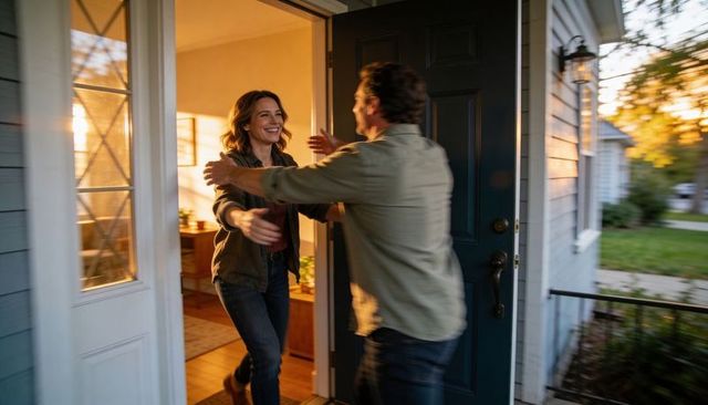 Couple embracing at front door during golden hour welcome home hug on porch and smiles