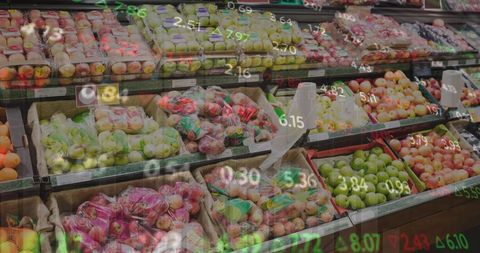 Supermarket Fresh Fruit Display with Financial Data Overlay