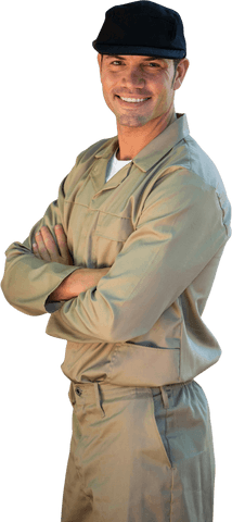 Friendly Delivery Courier Wearing Cap on Transparent Background