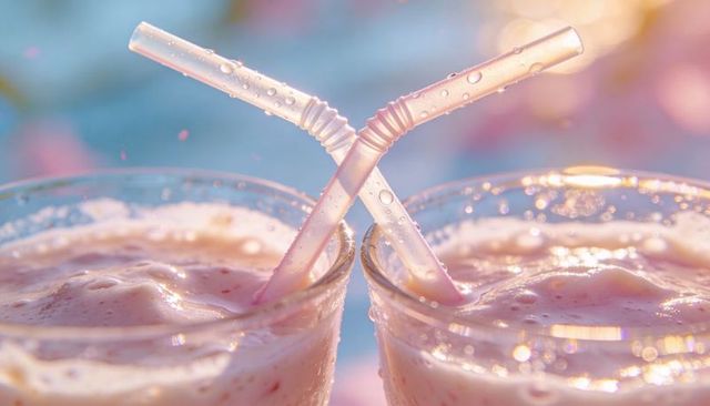 Two pink strawberry smoothies with crossed straws glowing in warm golden-hour bokeh