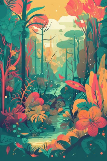 Illustration of a vibrant tropical forest featuring dense, colorful foliage and a gently flowing stream. Ideal for nature-themed designs, children's book illustrations, wall art, or eco-friendly campaigns. Perfect for conveying a sense of lushness, exotic beauty, and the tranquility of natural landscapes.