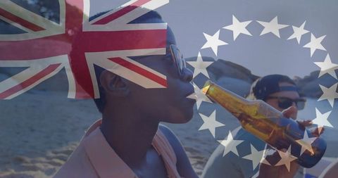 Young Woman Enjoys Beer at Beach with Overlaid British Oceania Theme