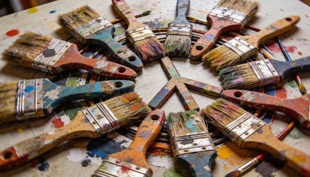 Colorful Worn Paintbrushes Arranged in Radial Pattern on Splattered Artist Workbench Closeup