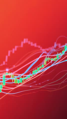 Vertical market video rising green candlestick chart with vibrant moving trend lines