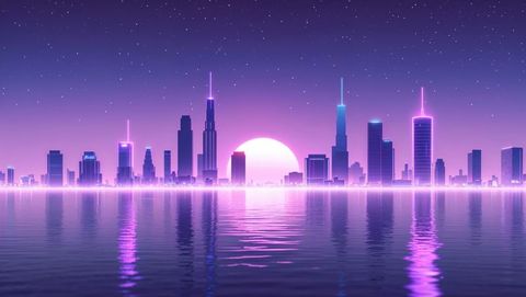 Futuristic Neon-Lit Cityscape: Skyline at Night with Reflective Waterfront