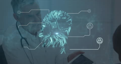 Doctor Analyzing Digital Brain Circuit Interface Technology