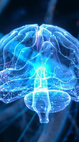 Rotating holographic brain simulation zooming into pulsing neural nodes, vertical futurism