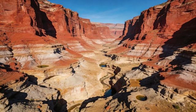Stretching red-rock canyon with pothole pools and layered sandstone cliffs
