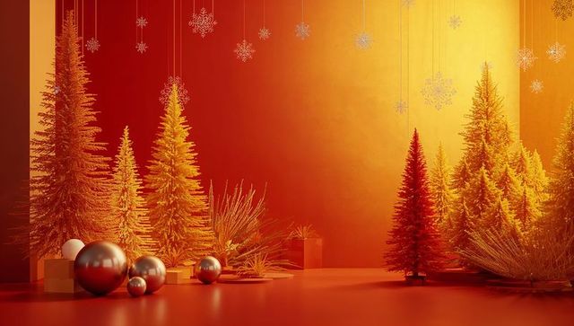 Luxurious Festive Decor with Gold Fir Trees and Ornaments