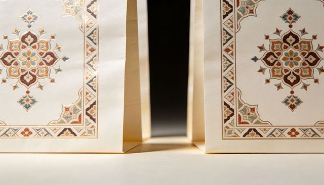Cream luxury paper bags featuring ornate geometric border design for boutique packaging
