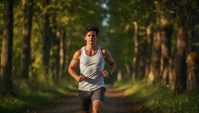 Young man running on sunlit forest trail during golden hour for fitness and endurance