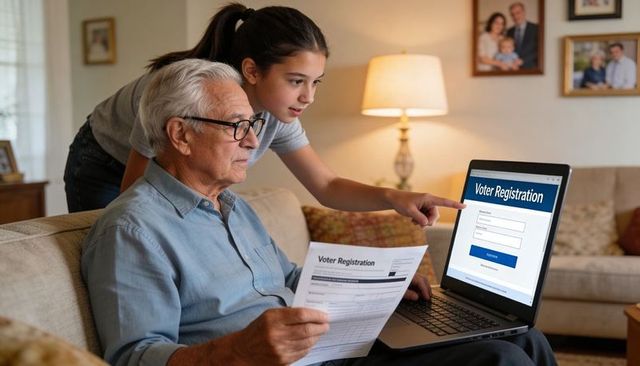 Granddaughter guiding grandfather through voter registration on laptop at home