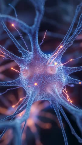 Vertical 3D Neuron Firing Orange Pulses Along Dendrites Toward Soma in Neural Network