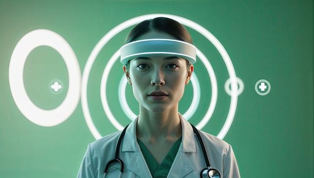 Futuristic female doctor wearing glowing headband in neon healthcare lab