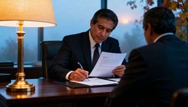 Executive signing contract at desk in upscale office, reviewing agreement at dusk