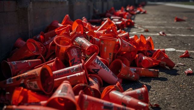 Piling orange traffic cones along roadside asphalt creating repetitive safety pattern