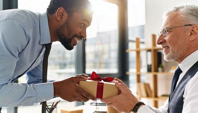 Young professional presenting wrapped gift to senior colleague smiling in modern office