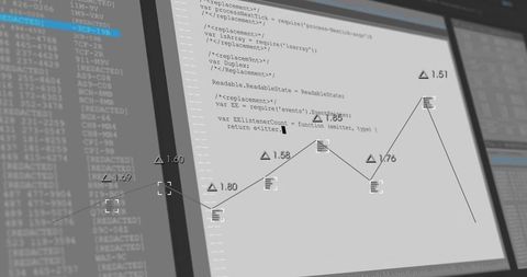 Futuristic workspace with code editor and graph analysis